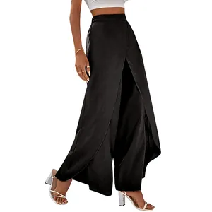 Elegant high waisted wide leg wrap pants for women in black minimalist chic style