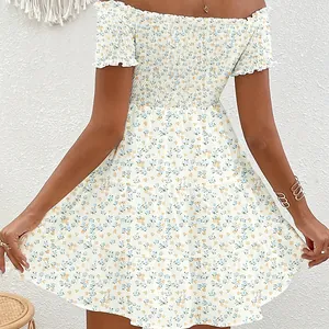 Sweet vintage floral off-shoulder French mini dress with smocked bodice and tiered skirt