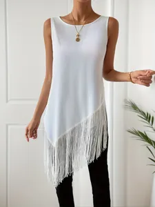 Detailed view of women's sleeveless knit top with asymmetrical fringe hem and stripes