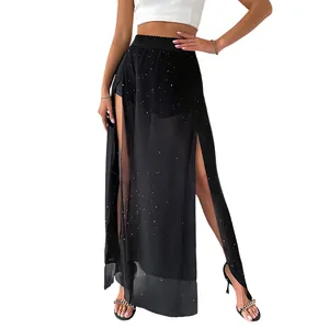 Elegant black high-waisted double-layer mesh maxi skirt with glitter and side slits