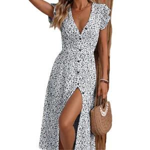 Summer floral V-neck midi dress with short ruffled sleeves and button-front slit detail