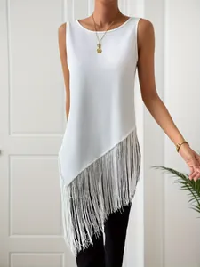 Close-up detail of white ribbed knit sleeveless top with stylish irregular fringe hem