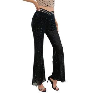 High waist sheer mesh flare pants with silver sparkle and V-shaped waistband for women