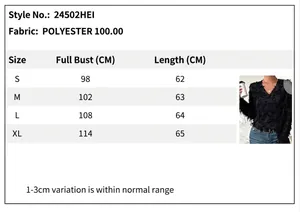 Guide des tailles pour chemisier noir élégant à col en V avec franges et manches