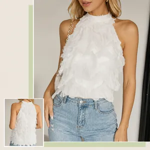 Elegant white sleeveless halter top featuring romantic textured fringe mesh detail