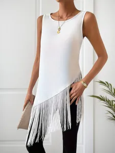 Detailed view of women's sleeveless ribbed knit top featuring asymmetrical white fringe