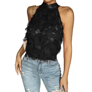 Elegant sleeveless high-neck mesh top with textured black fringe detail for women's fashion