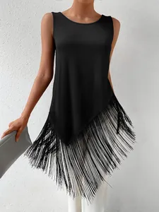 Sleeveless black ribbed knit tank top featuring a stylish irregular fringe tassel hem.
