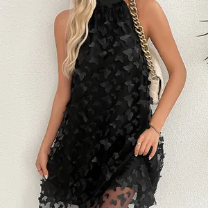 Elegant black sleeveless dress with 3D butterfly appliques in a French loose fit style