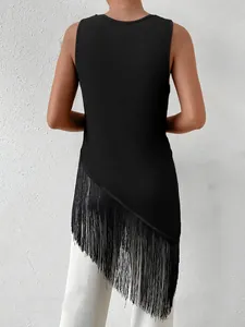Detailed view of women's black ribbed knit sleeveless top featuring an asymmetrical fringe hemline