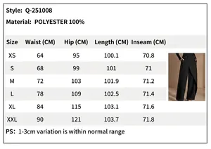 Detailed size chart for black asymmetric high-waisted wide-leg trousers for office
