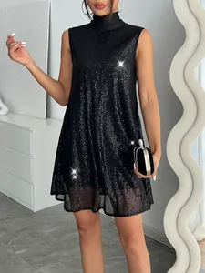 Elegantes ärmelloses schwarzes Pailletten-Minikleid mit Stehkragen für festliche Partys