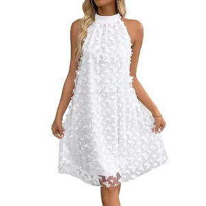 White French halter dress with butterfly appliques and loose sleeveless design for women.