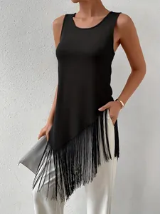 Detail of a black ribbed knit tank top featuring a stylish asymmetrical fringe hem.