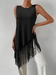 Close-up detail of a black ribbed knit sleeveless top with asymmetrical long fringe hem