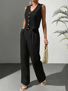 Ensemble chic noir gilet sans manches col V et pantalon large à taille haute pour bureau