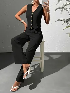 Ensemble deux pièces chic pour femme avec gilet sans manches col en V et pantalon large taille haute