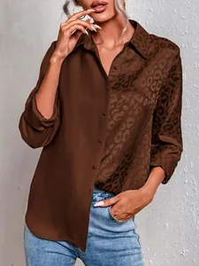 Detailed view of women's leopard print contrast long sleeve shirt with Polo collar