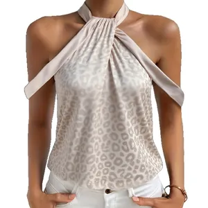 Haut élégant en satin sans manches avec col licou et imprimé léopard pour femmes, chic