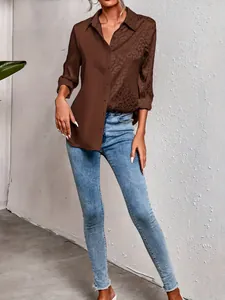 Close-up of brown leopard print patchwork long-sleeve shirt with POLO collar