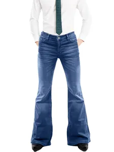 Close-up of men's vintage 70s blue flare denim jeans showing the wide leg opening