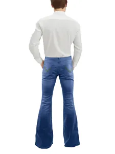 Men's retro 70s blue flared denim jeans with stylish V-stitch detail back pockets