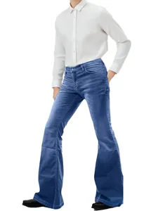 Full view of men's 70s retro blue corduroy flare jeans with vintage bell bottom cut