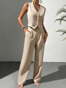 Gilet sans manches beige élégant et ensemble de pantalon large à taille haute pour femmes