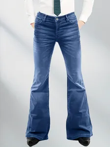 Full-length view of vintage 70s men's flared denim pants in a washed dark blue finish.