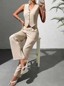 Ensemble deux pièces avec gilet à col en V sans manches et pantalon large