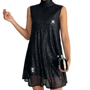 Elegante vestido de fiesta sin mangas con lentejuelas negras y cuello alto festivo