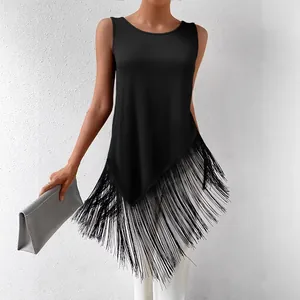 Elegant black ribbed knit sleeveless top featuring an asymmetrical fringe hem detail