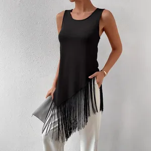 Chic black ribbed knit tank top for women featuring a long irregular fringe hem