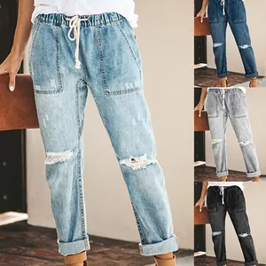 Womens casual ripped denim straight leg pants with drawstring elastic waist in multiple colors