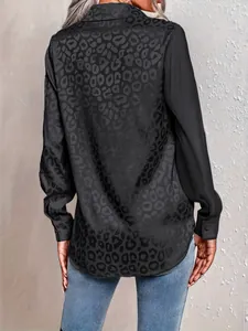Back view detail of elegant black leopard print spliced long sleeve casual shirt for women