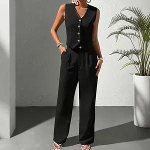 Ensemble élégant noir avec gilet sans manches col en V et pantalon large à taille haute