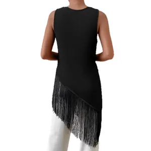 Stylish women's black ribbed knit tank top with an asymmetrical layered fringe hem