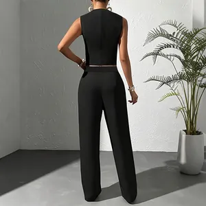 Ensemble élégant de gilet noir sans manches et pantalon large à taille haute pour femmes