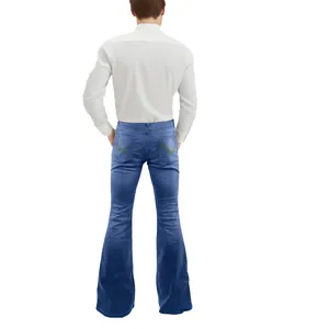 Men's retro 70s style flared blue denim disco jeans shown from a full back view perspective