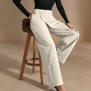 Elegant high-waist wide-leg cream trousers with unique asymmetrical front wrap design.