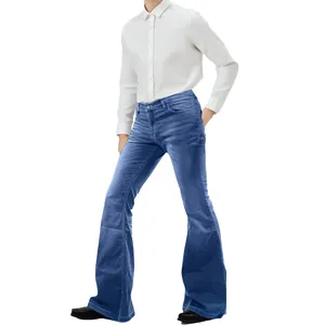 Classic vintage 70s style men's blue denim flare jeans displayed on a male model