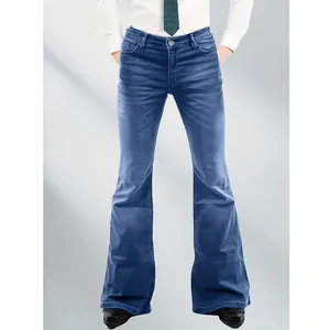 Men's classic 70s retro blue flared denim disco pants featuring a vintage bell bottom fit