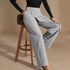 Women Asymmetrical High Waist Wide Leg Pants Woven Polyester Draped Trousers Casual Loose Office Lady Bottom Long Pants