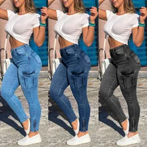 Detail view of slim-fit cargo denim pants showing three available color variants