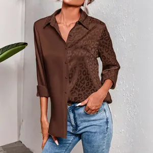 Elegant women's long-sleeve split shirt with leopard print and solid brown design