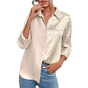 Elegant leopard print and solid cream patchwork long sleeve button down shirt for women