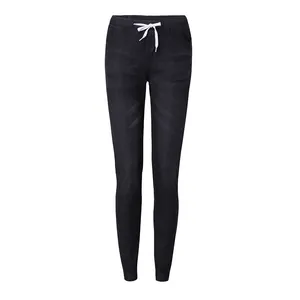 Women's black denim joggers with elastic drawstring waist and cuffed ankles detail