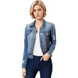 Streetwear plus size women's distressed blue denim jacket with buttons and ripped details