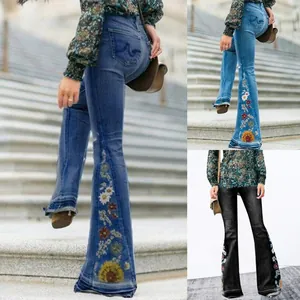 Women's Bohemian Floral Embroidered Flare Jeans High Waist Distressed Bell Bottom Denim Pants Slim Fit Retro Streetwear