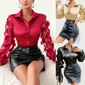 Camicia da Donna alla Moda con Maniche Lunghe Traforate Autunno in Raso Top Casual da Ufficio con Risvolto e Applicazioni 3D sulle Maniche
